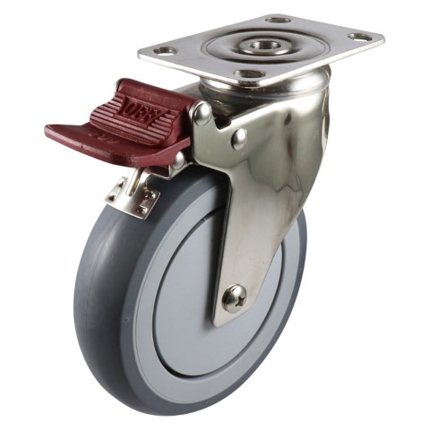 EASYROLL GREY RUBBER SWIVEL PLATE BRAKE CASTOR S/S 125MM 